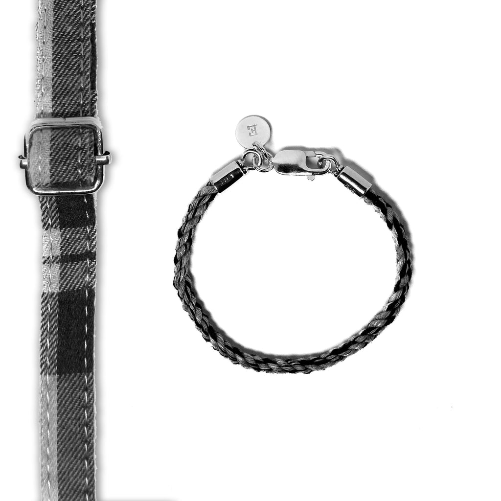 Pets collar next to a rope bracelet made out of the pets collar on white background