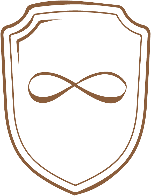 Brown shield emblem with an infinity symbol